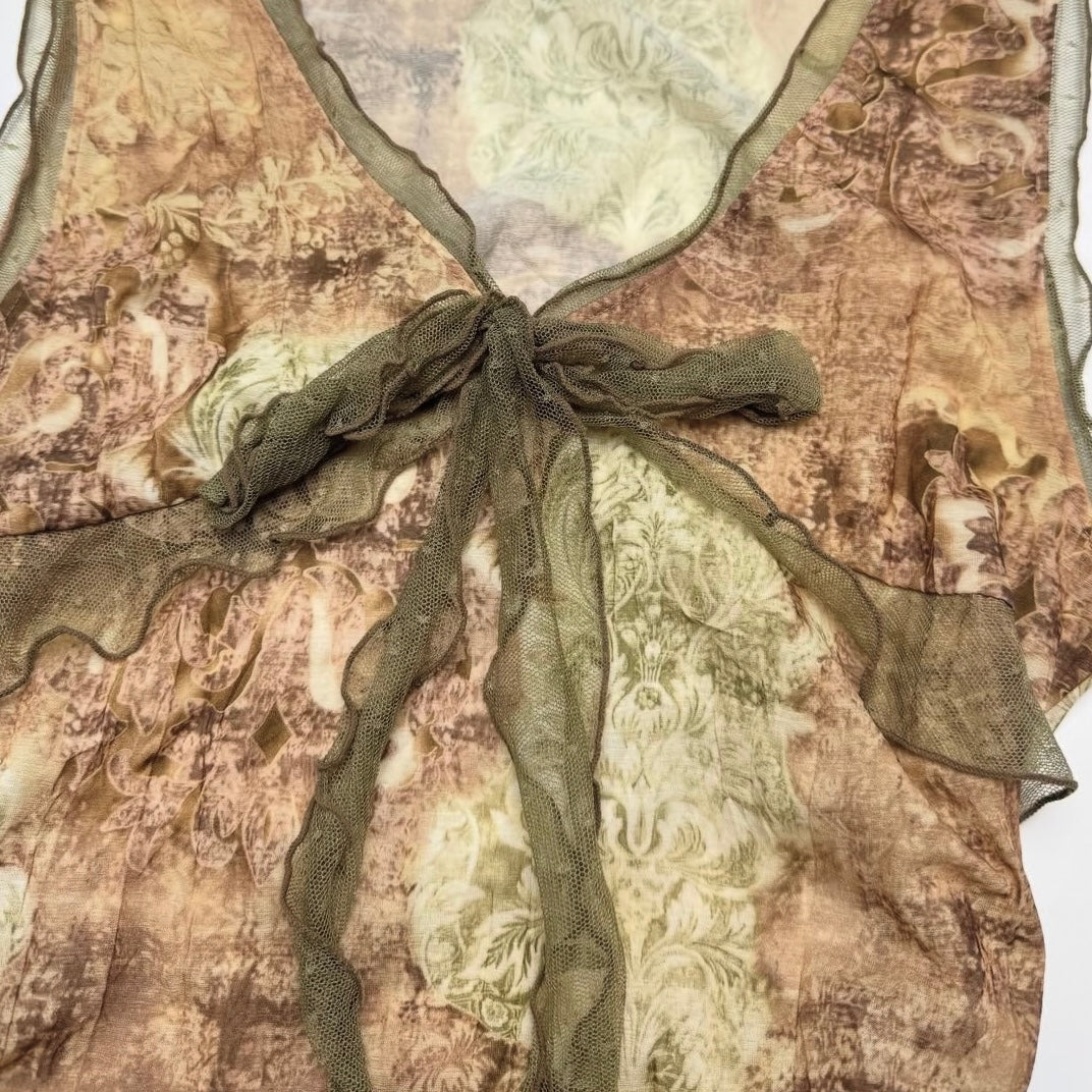 Brown green ribbon mesh top