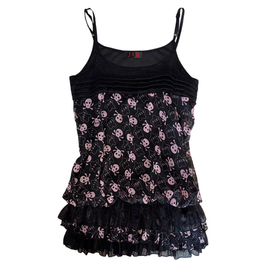 Pink skull black mesh long top