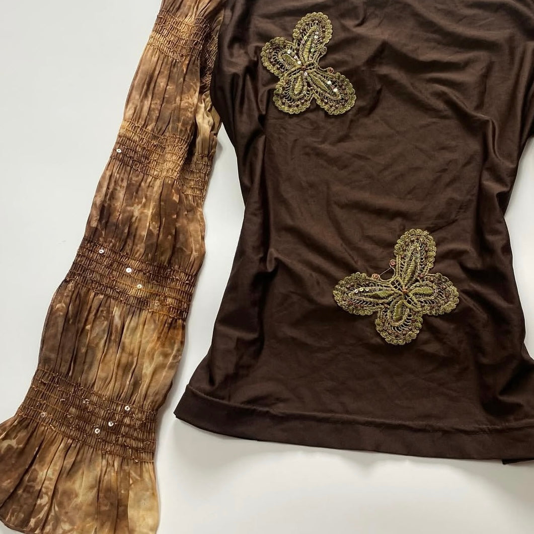 Embroidered Butterflies Brown tiedye long sleeve