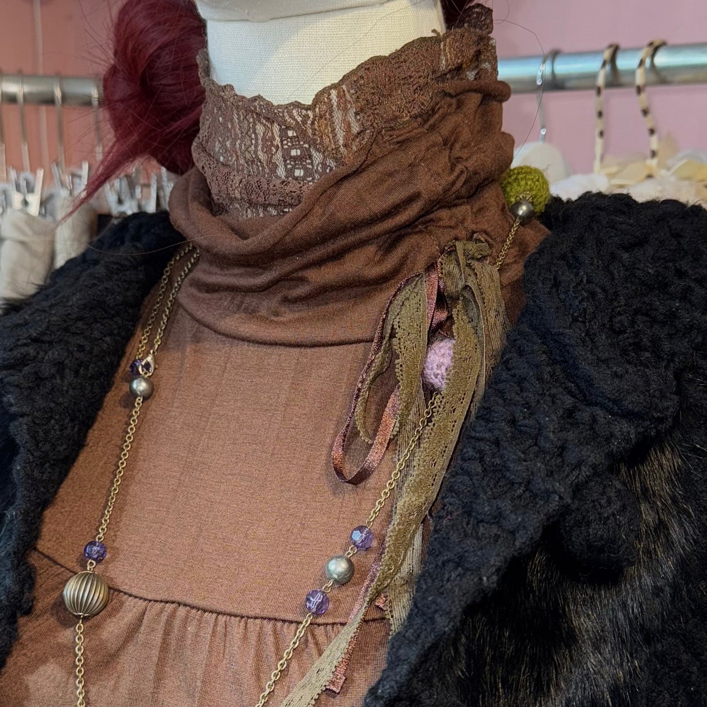 Brown turtle neck lace long sleeve