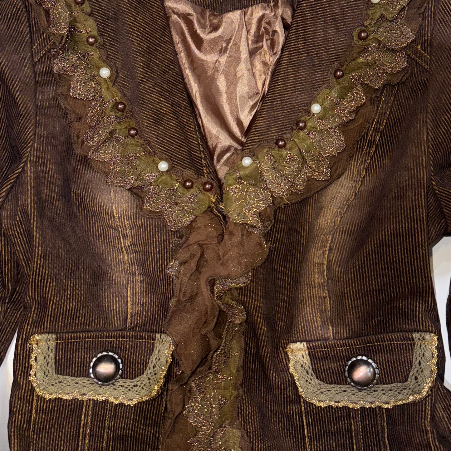 Brown washed embroidered corduroy jacket with lace