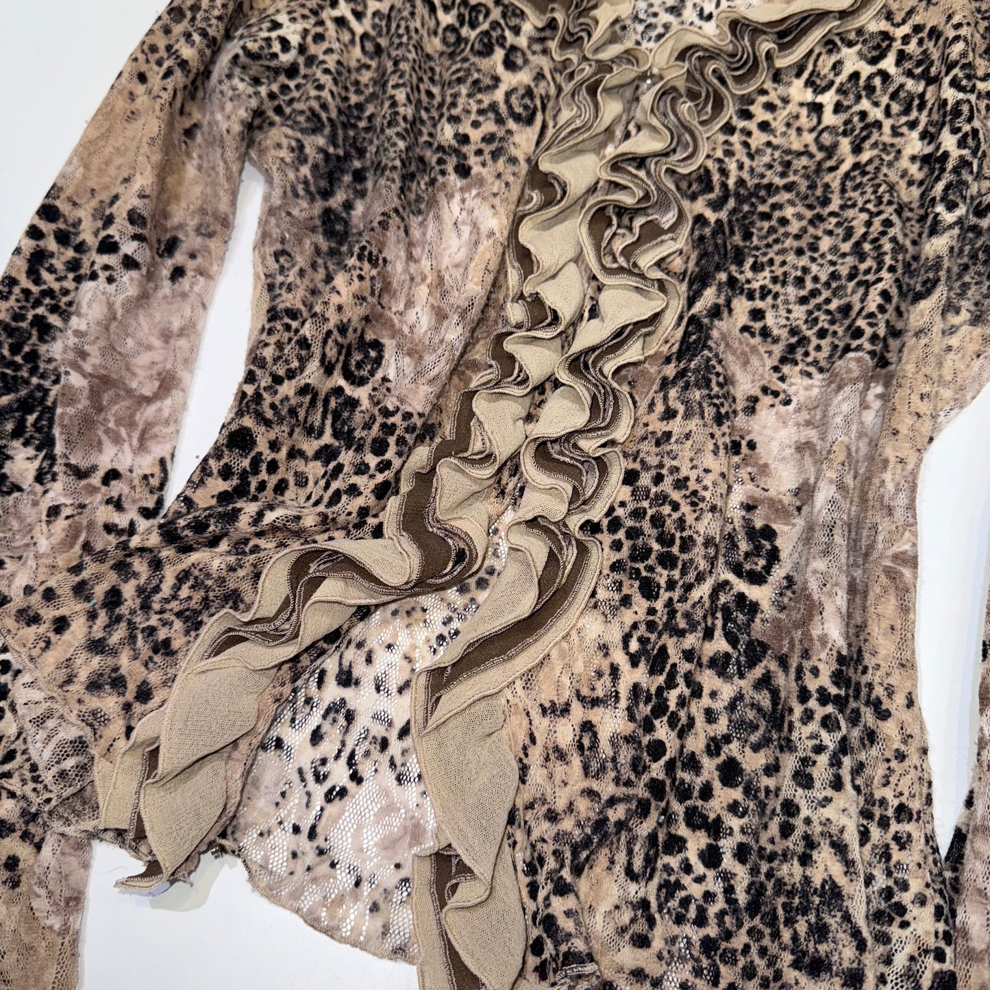 Brown leopard lace ruffle long sleeve