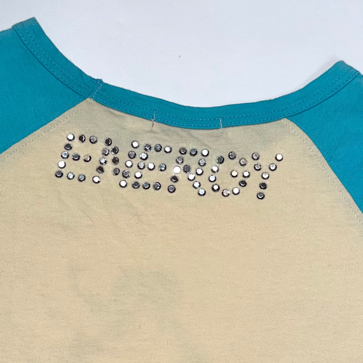 “Energy” ivory tiffany blue sleeve top