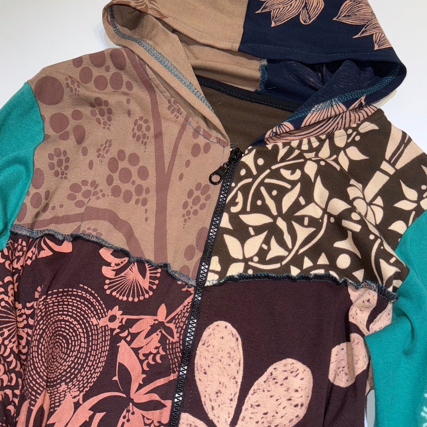 Brown green patchwork flowers zip hoodie