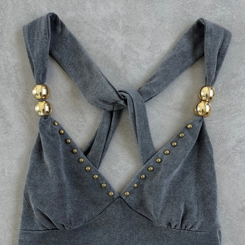 Grey backless tank with gold beads detail