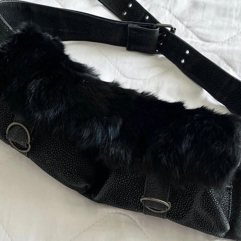 Black leather double pockets furry fanny pack