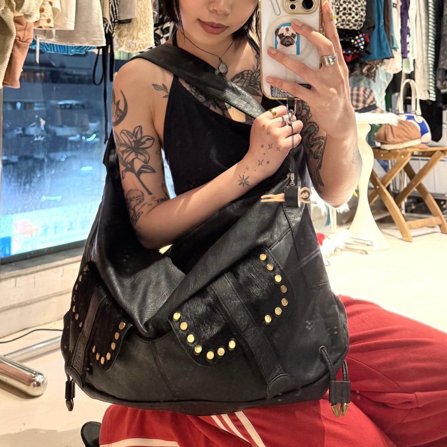 Black leather fur pocket shoulder bag
