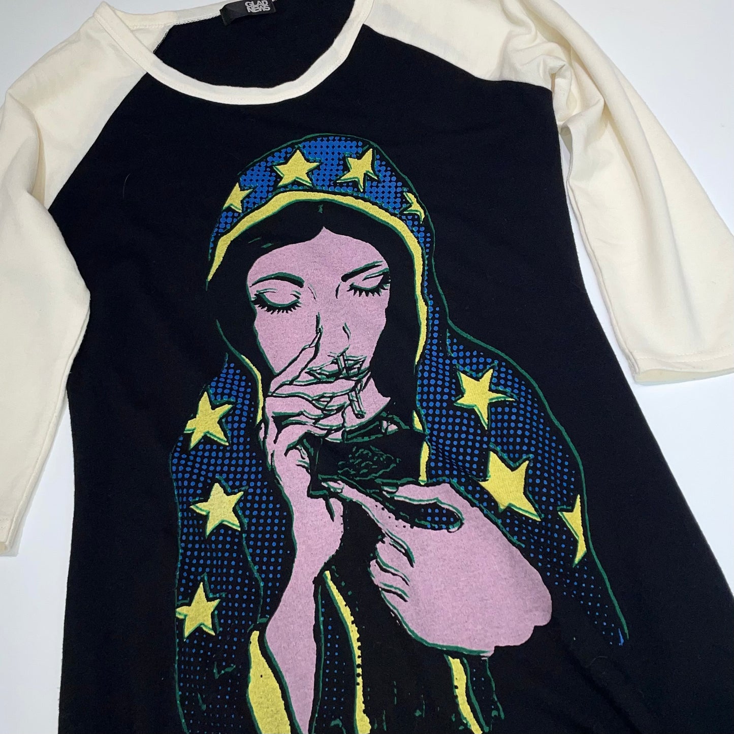 Glad News Virgin Mary smoking graphic mini dress
