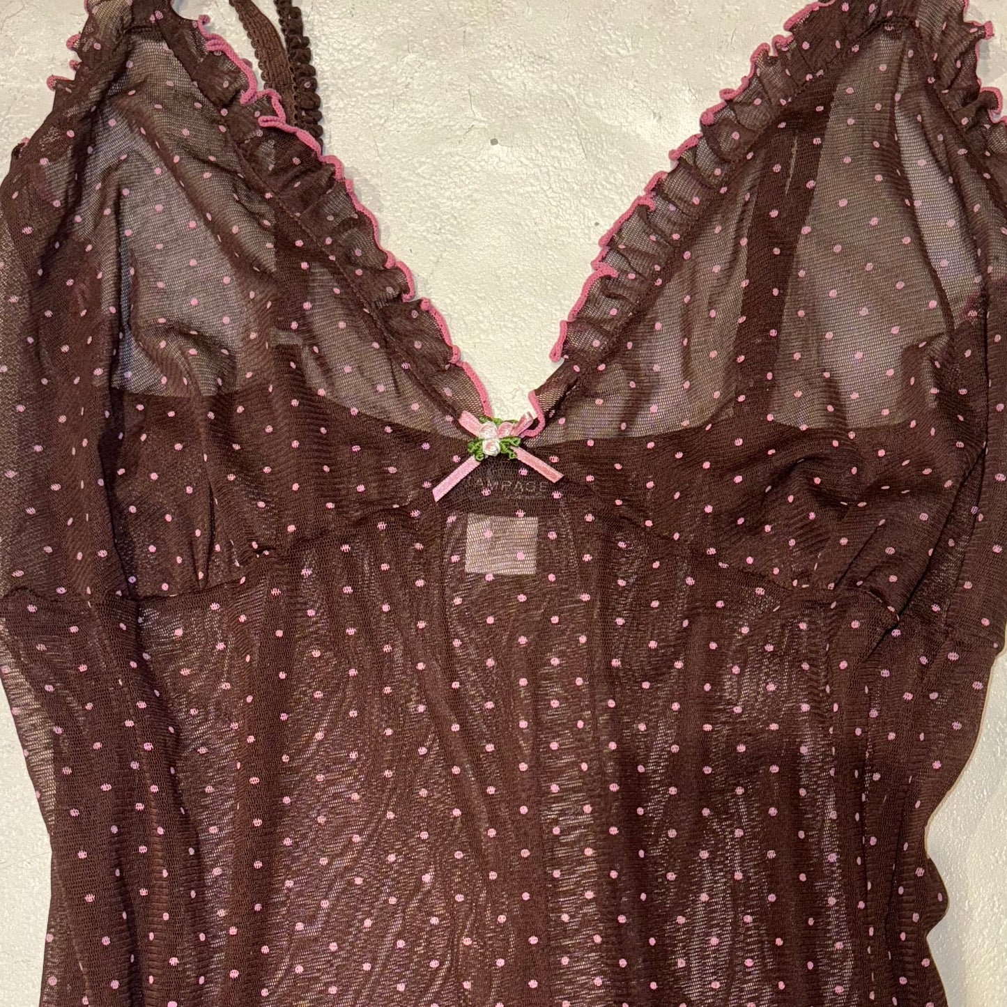 Brown polka dot mesh top