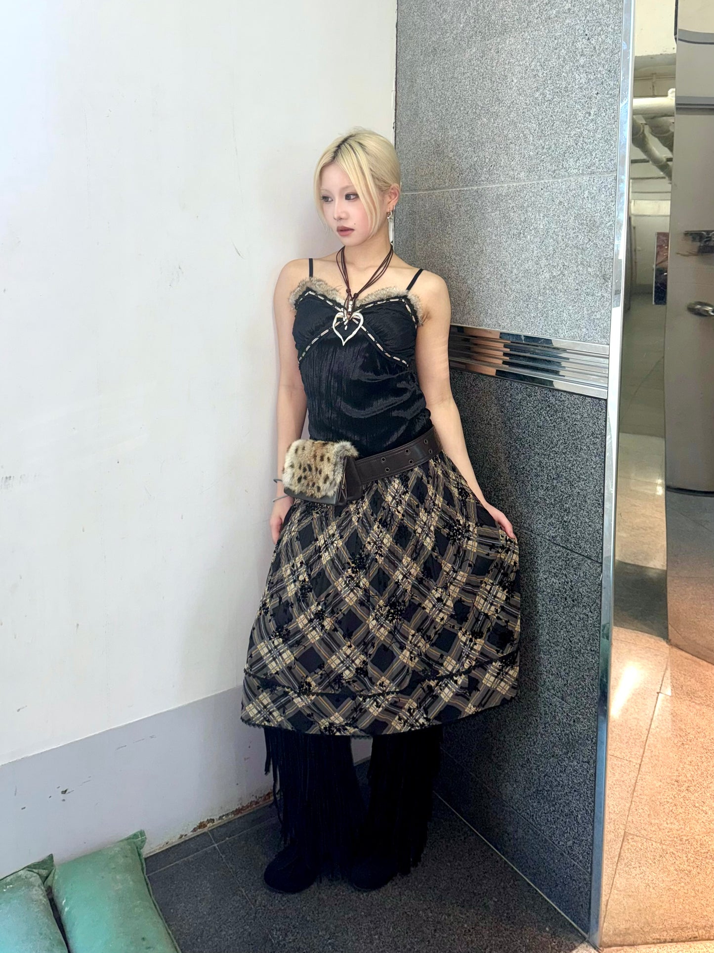 Checkered floral skirt