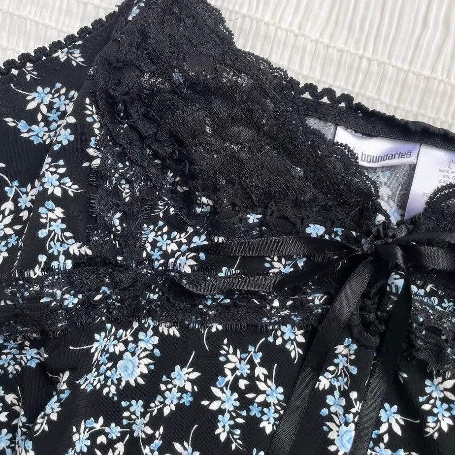 Blue floral black lace tank