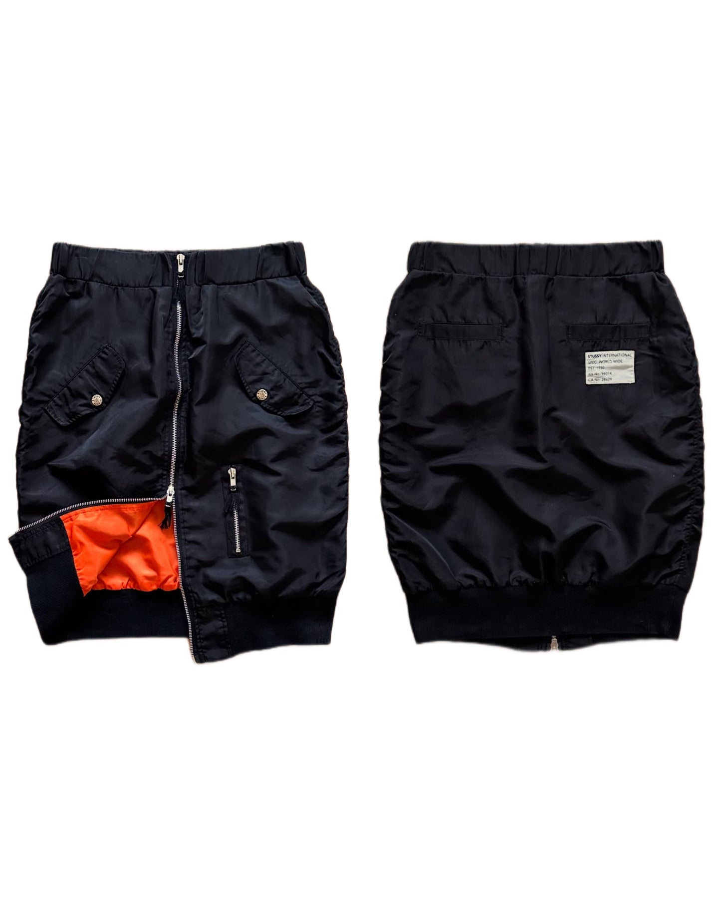 Stussy MA-1 front double zip black nylon skirt