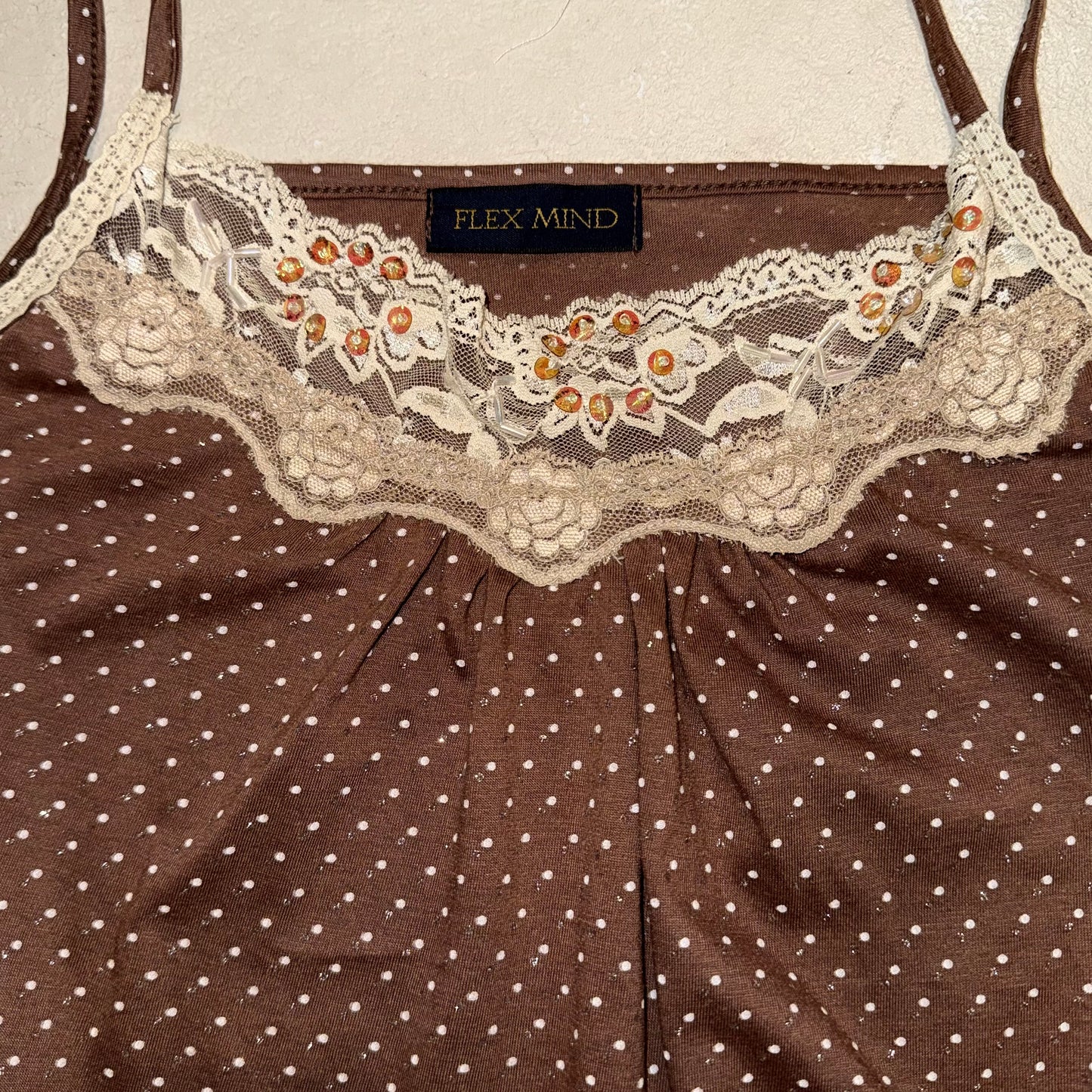 Brown lace embroidered polka dot cami