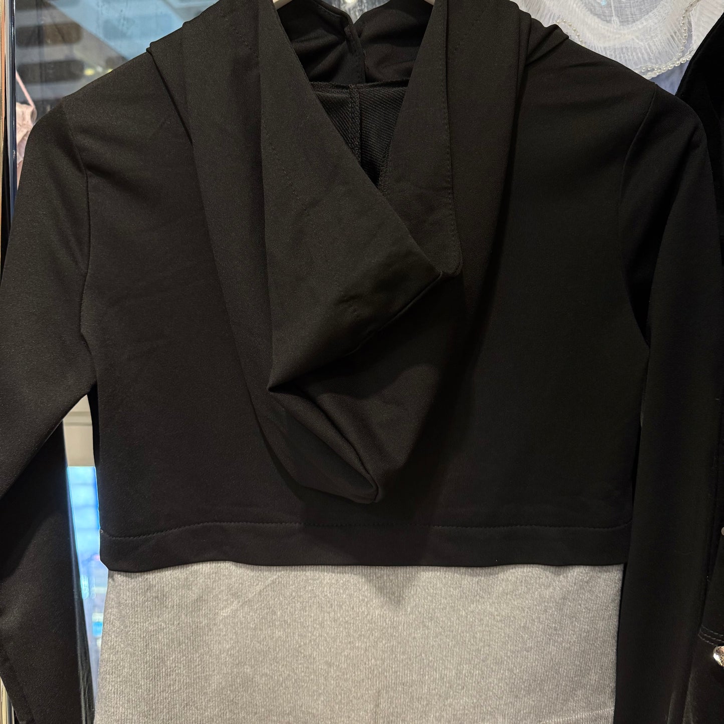 Black grey button zipper hooded long sleeve