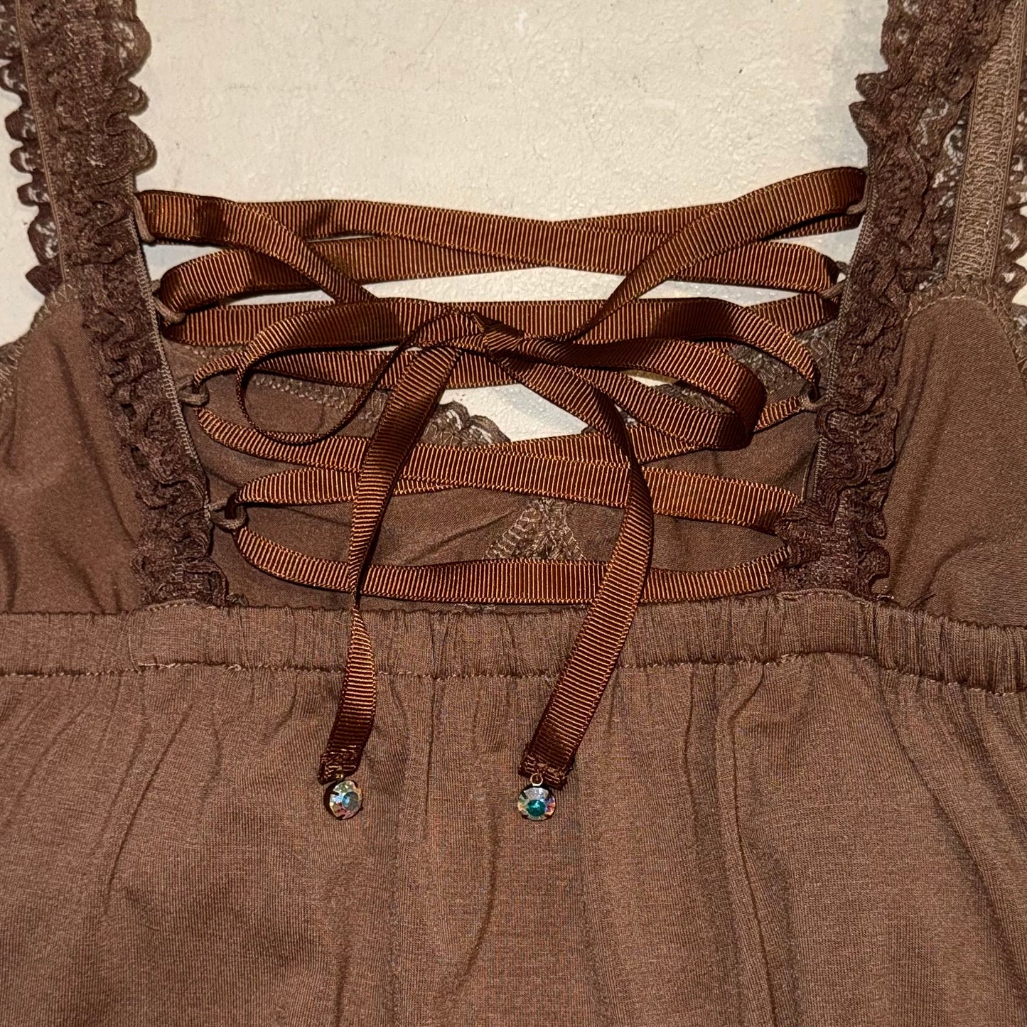 LizLisa brown lace cami with tie back details