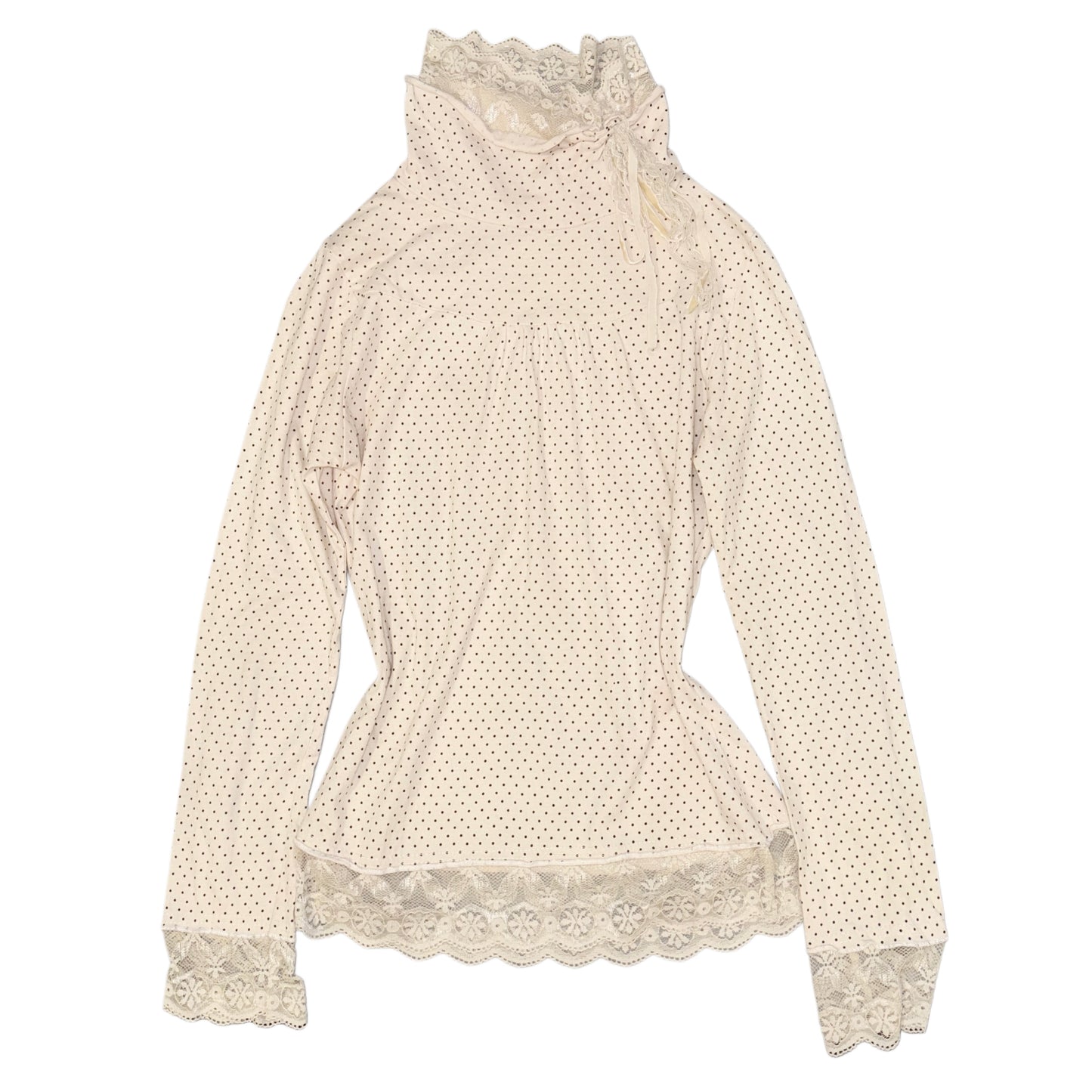 Beige polka dot lace turtle neck long sleeve