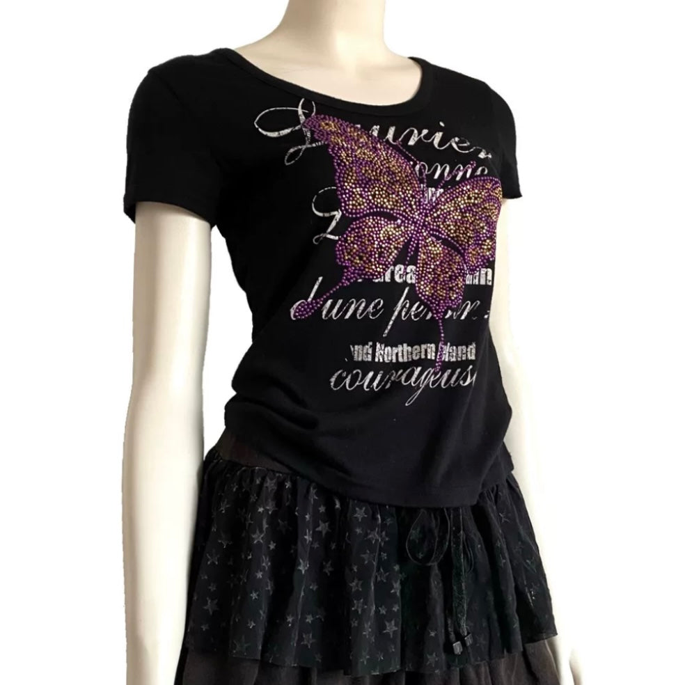Purple butterfly backless black top