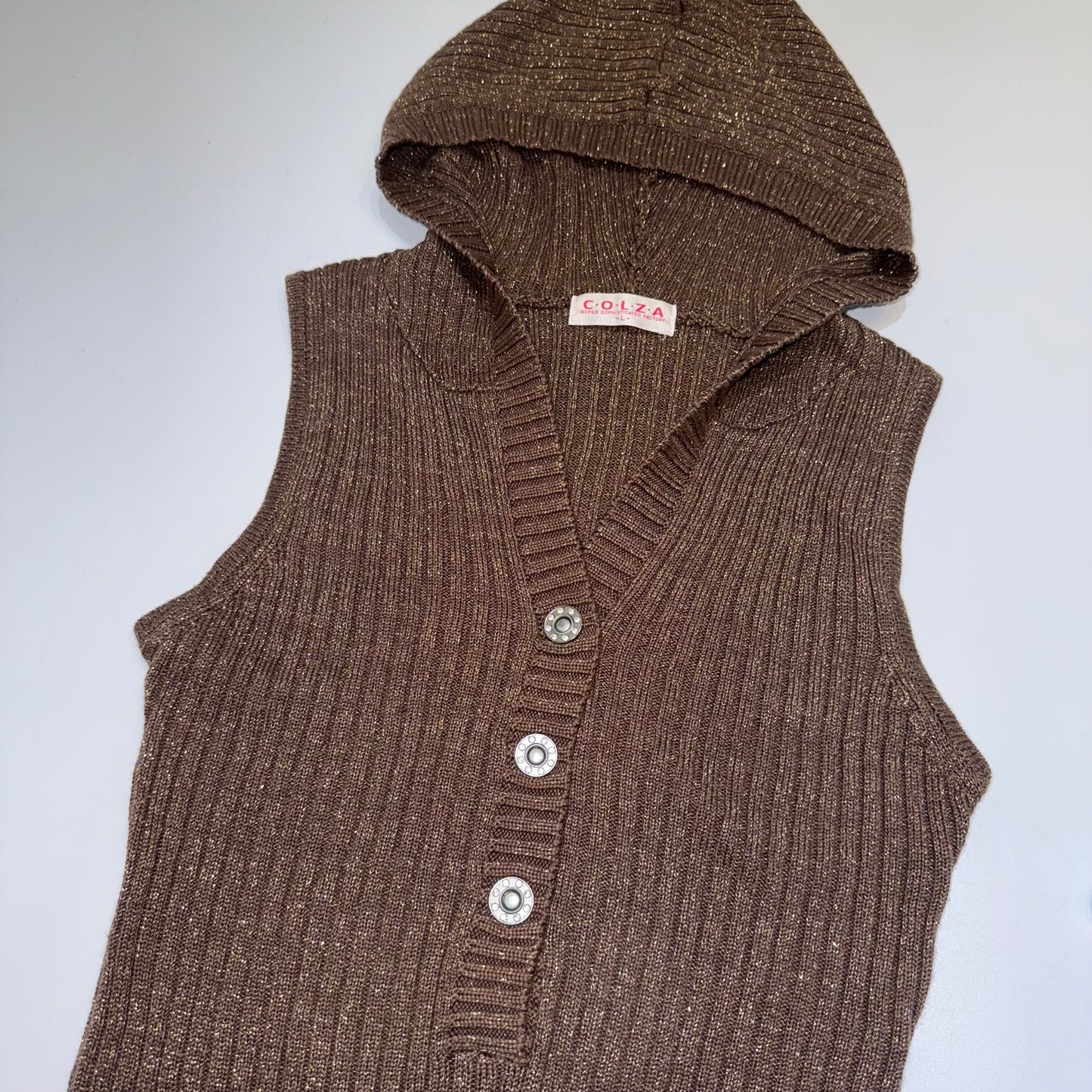 Brown glittering sleeveless hooded top