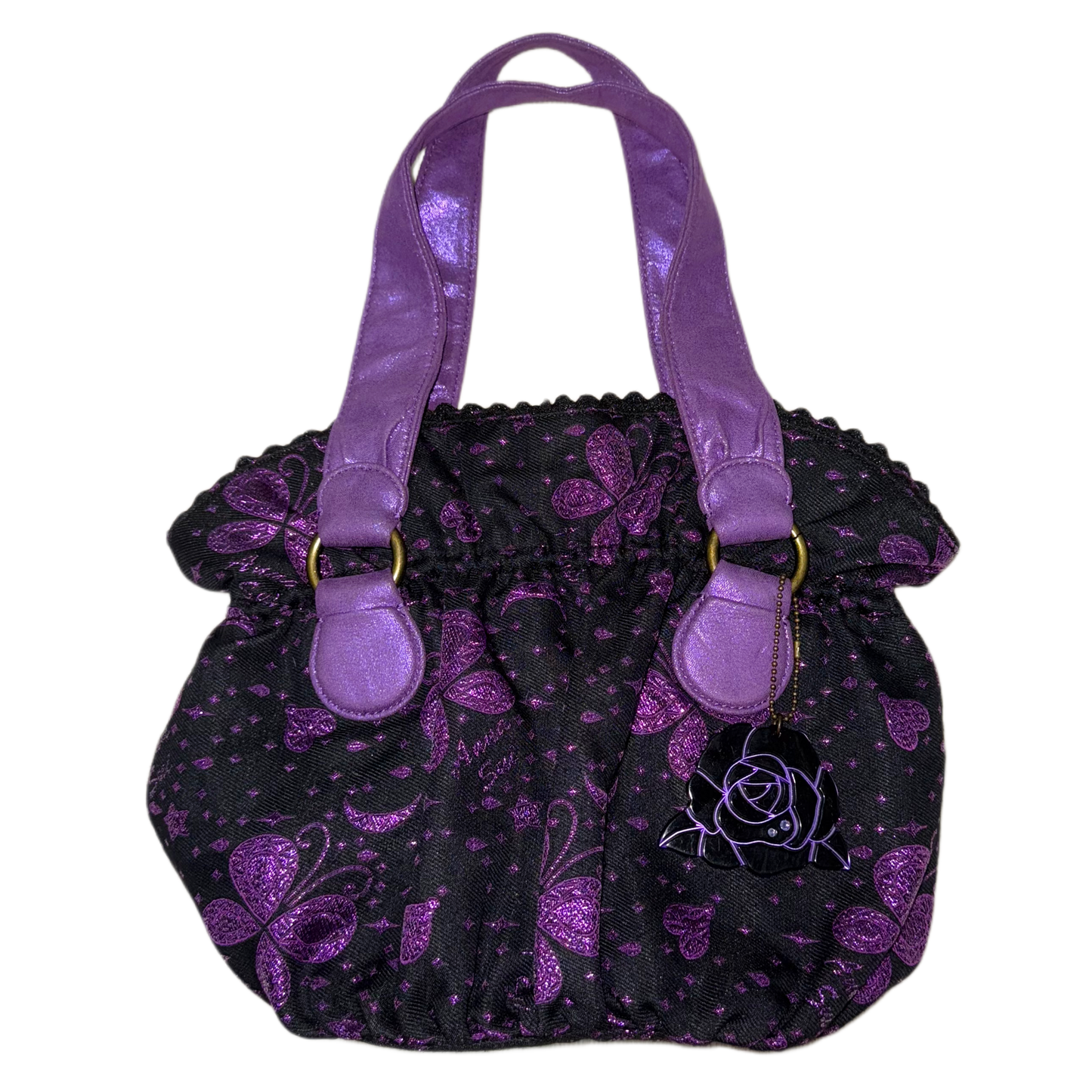 Anna Sui Purple butterfly shoulder bag with rose charm