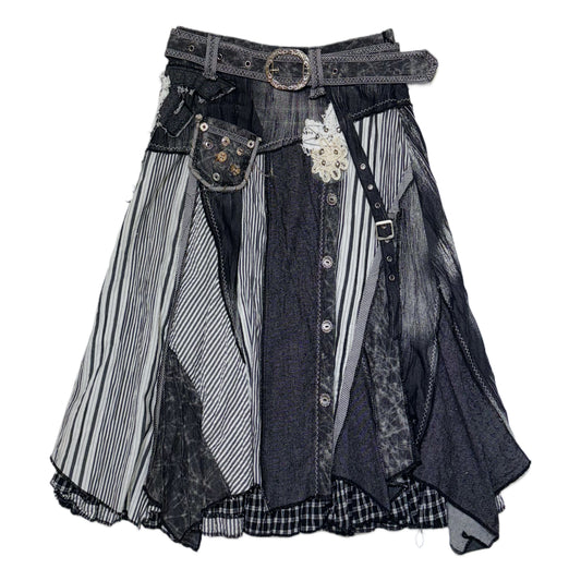 Denim embroidered patchwork skirt with belt