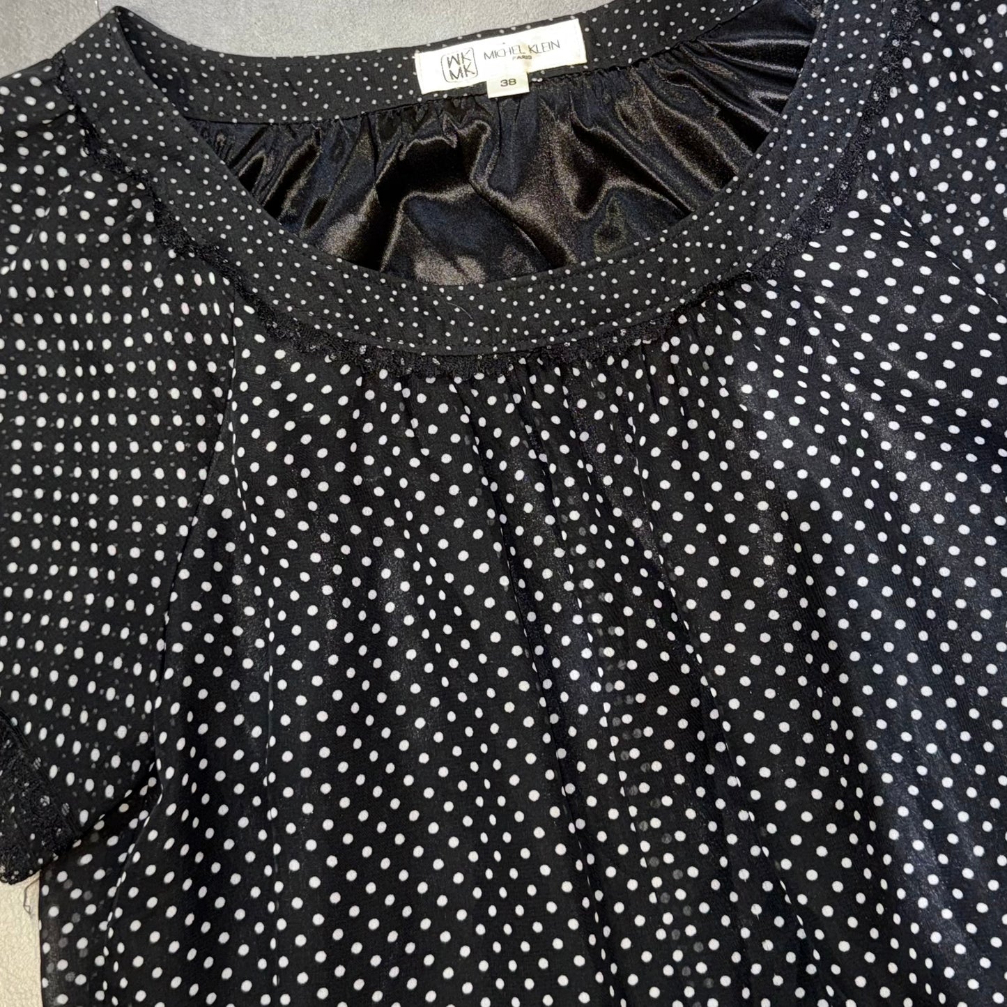 Michel Klein Black polka dot lace trim long top
