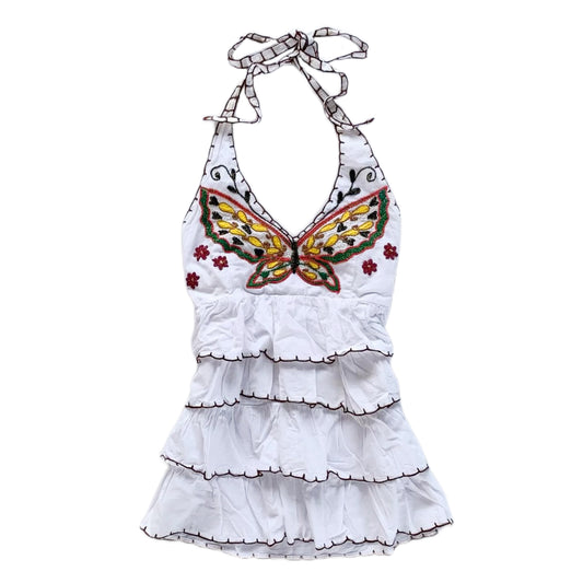 Embroidered glittering butterfly halter neck top