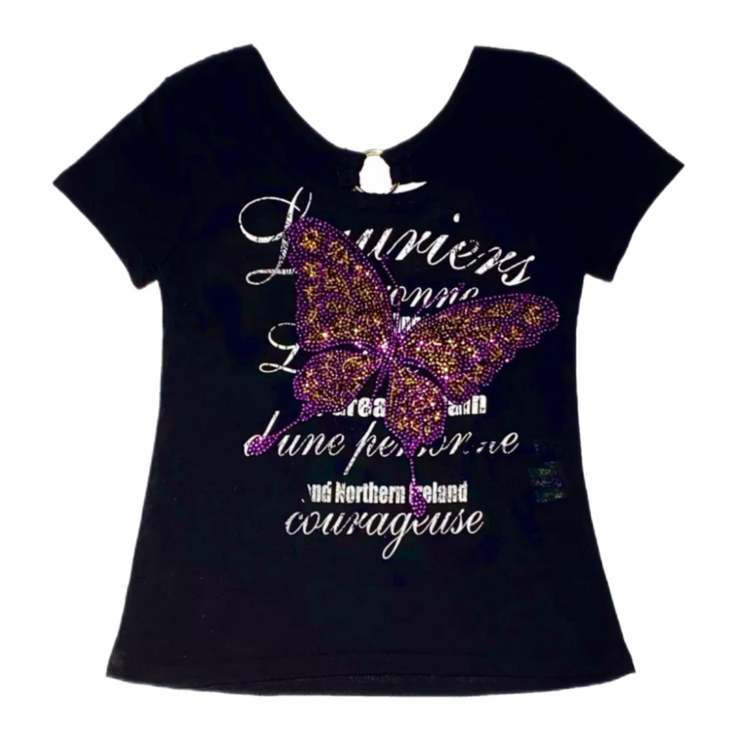 Purple butterfly backless black top
