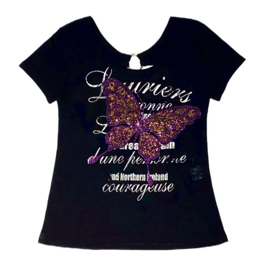 Purple butterfly backless black top