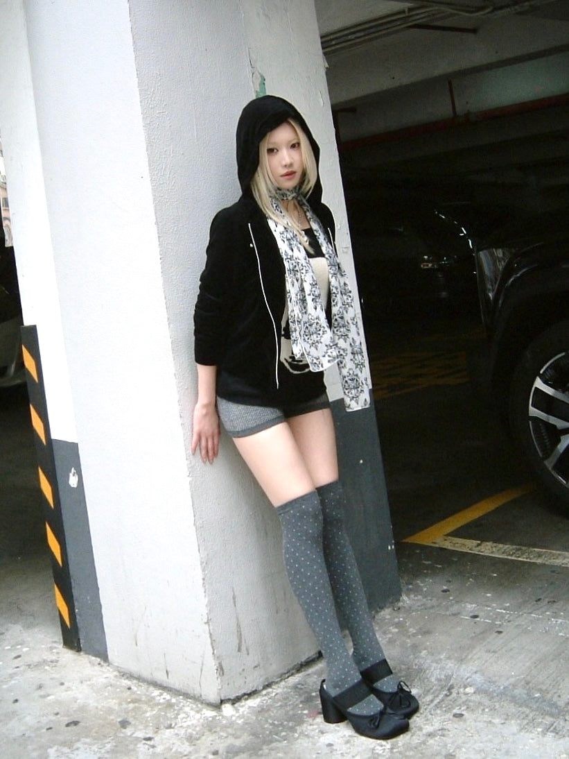 Black velvet double zip hoodie