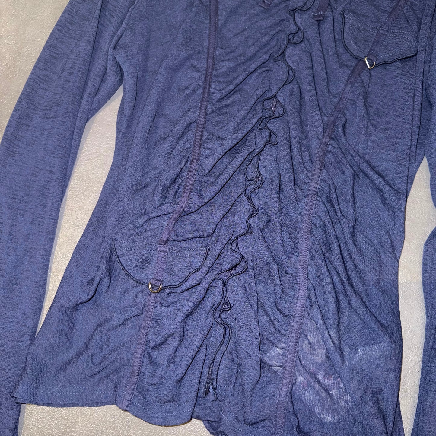 Indigo ruffle mesh zip up hoodie