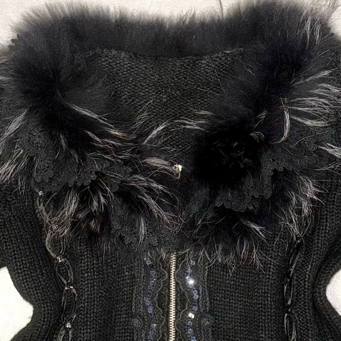Black furry lace collar knit embroidered jacket