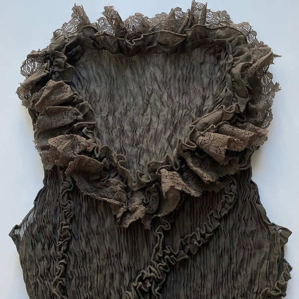 Green pleated lace mesh top