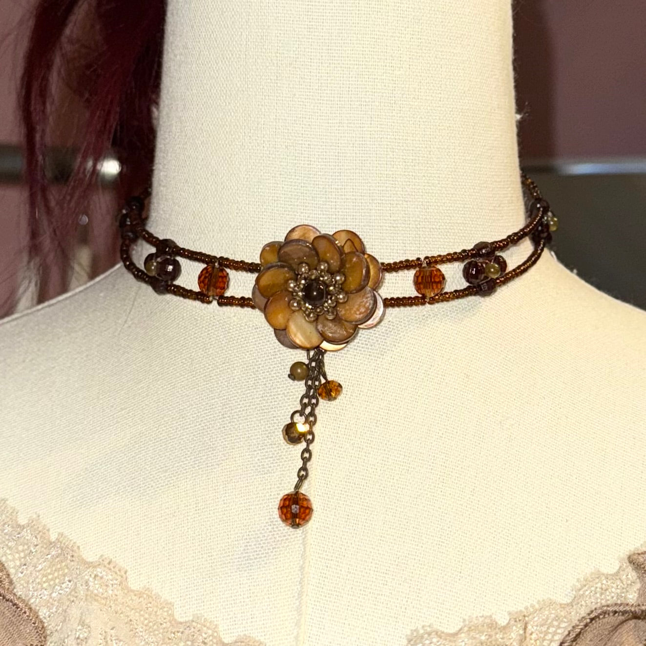 Brown flower bead choker