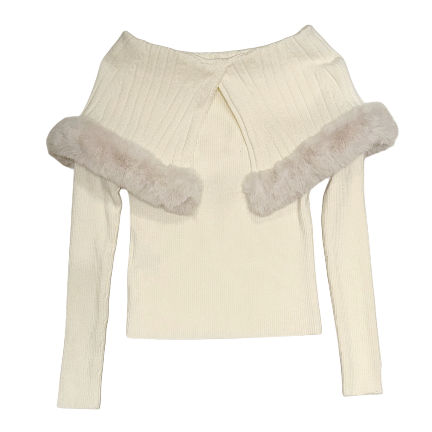 Ivory furry collar knit long sleeve