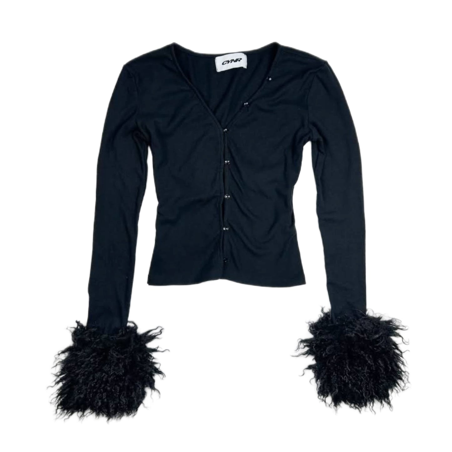 Black buttons cardigan with furry sleeve