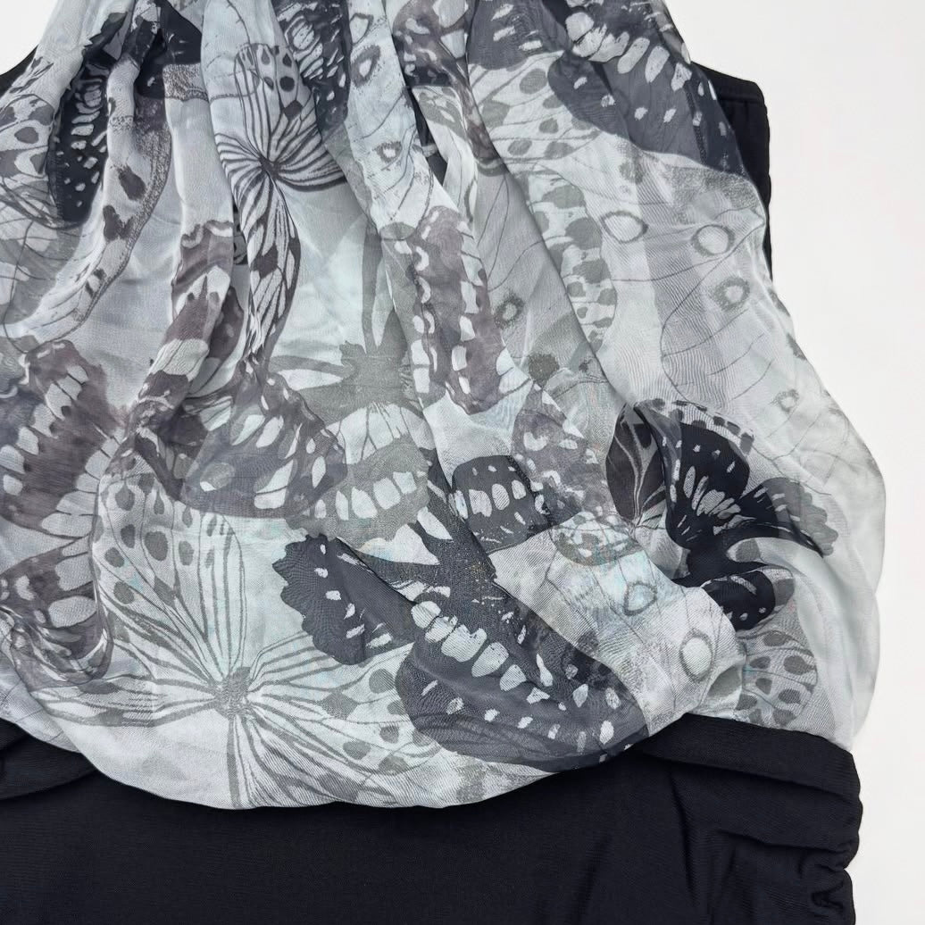 Black butterfly mesh tank with wood bead details
