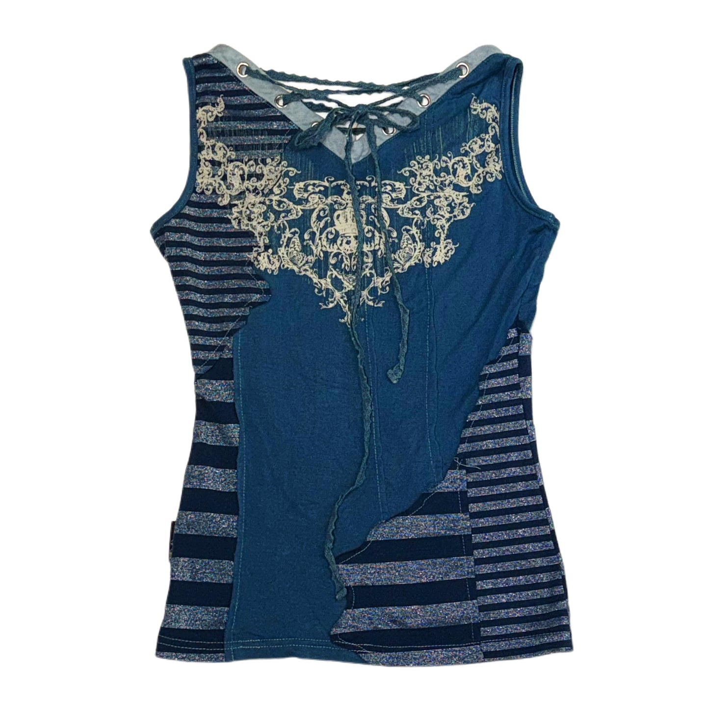 Ozz Angelo v-neck glittering blue patchwork top