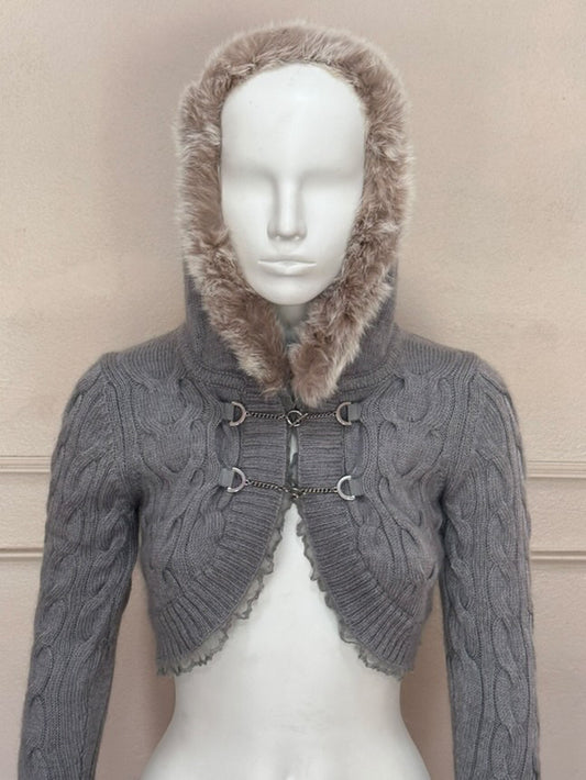 Grey furry knit cropped outer with lace trim(removable fur collar)
