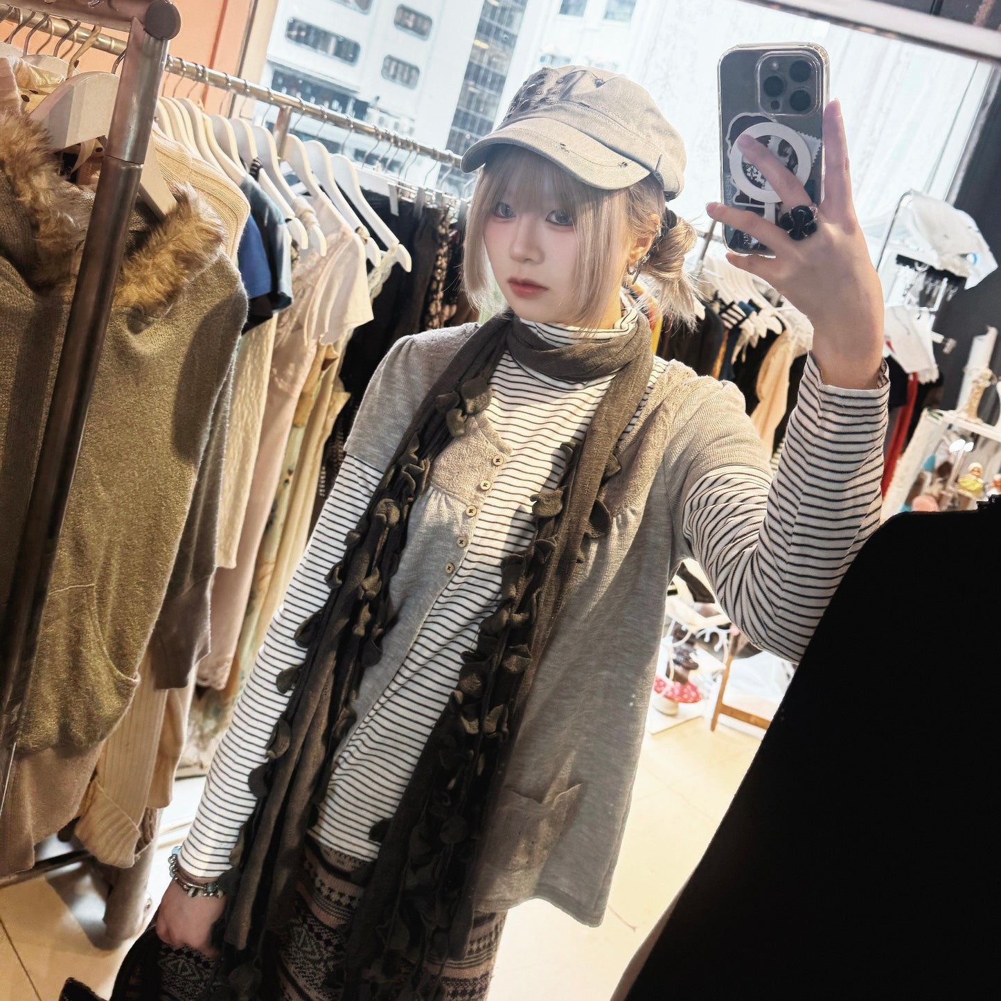 Grey knit striped turtle neck long sleeve