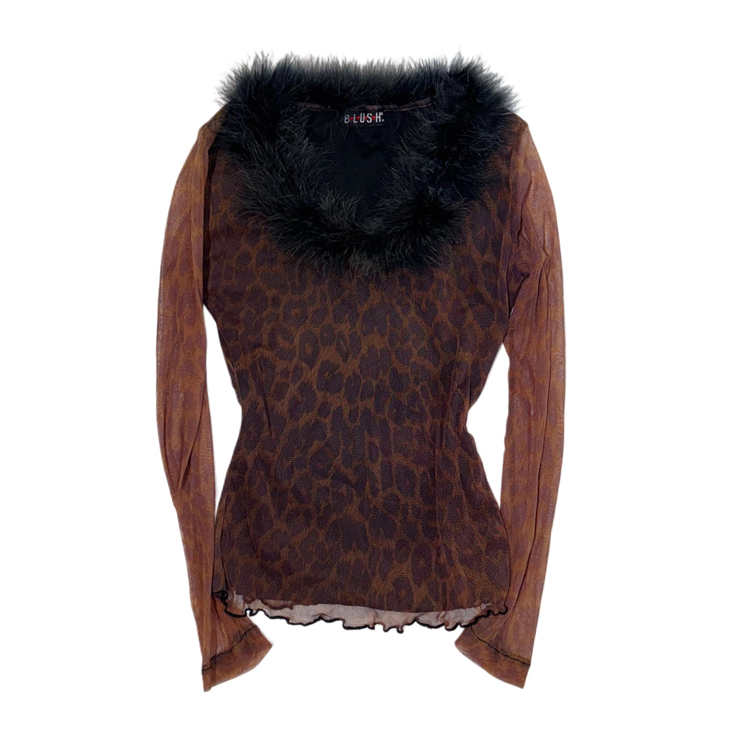 Leopard print mesh long sleeve with furry collar