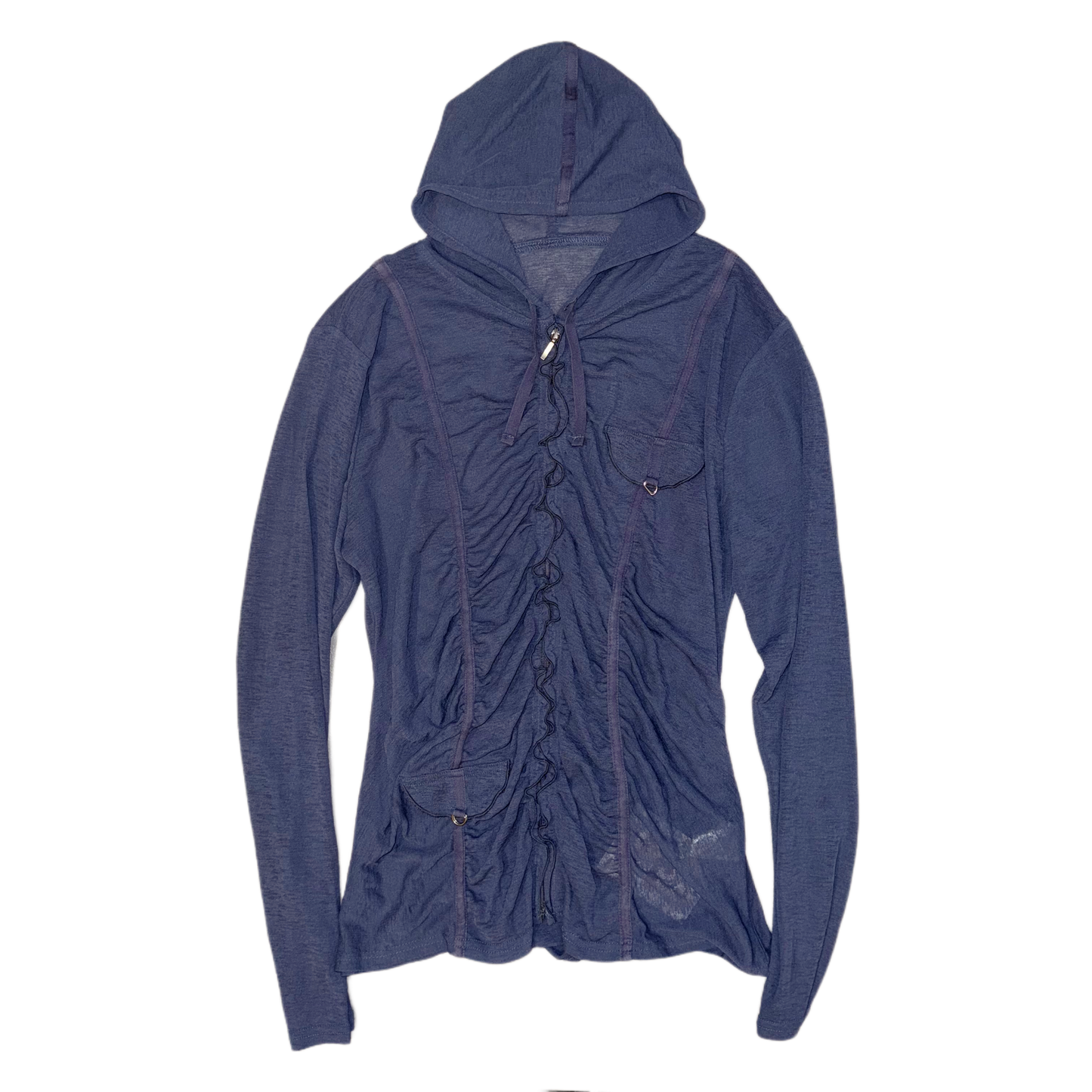 Indigo ruffle mesh zip up hoodie
