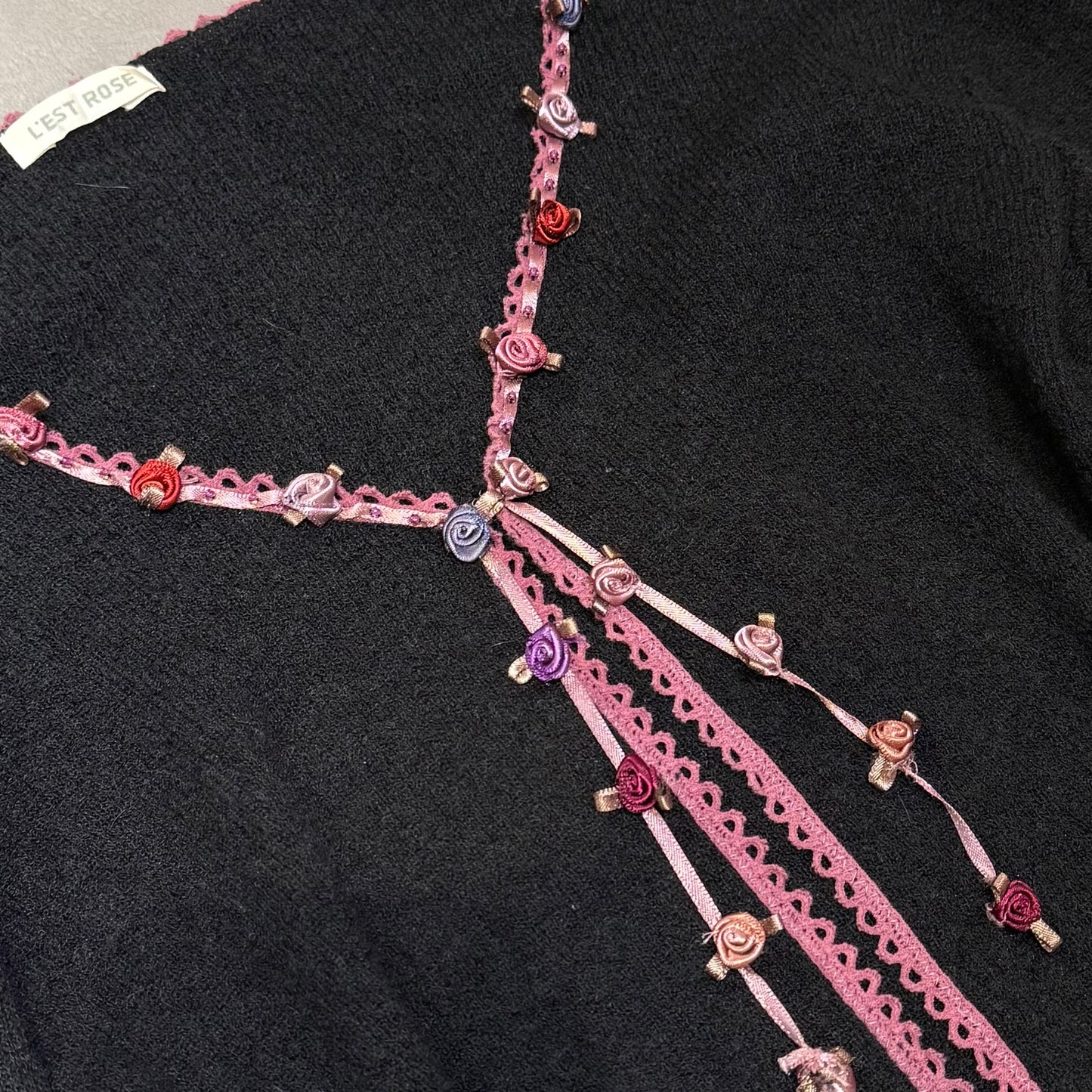 Rose pink lace trim black cardigan