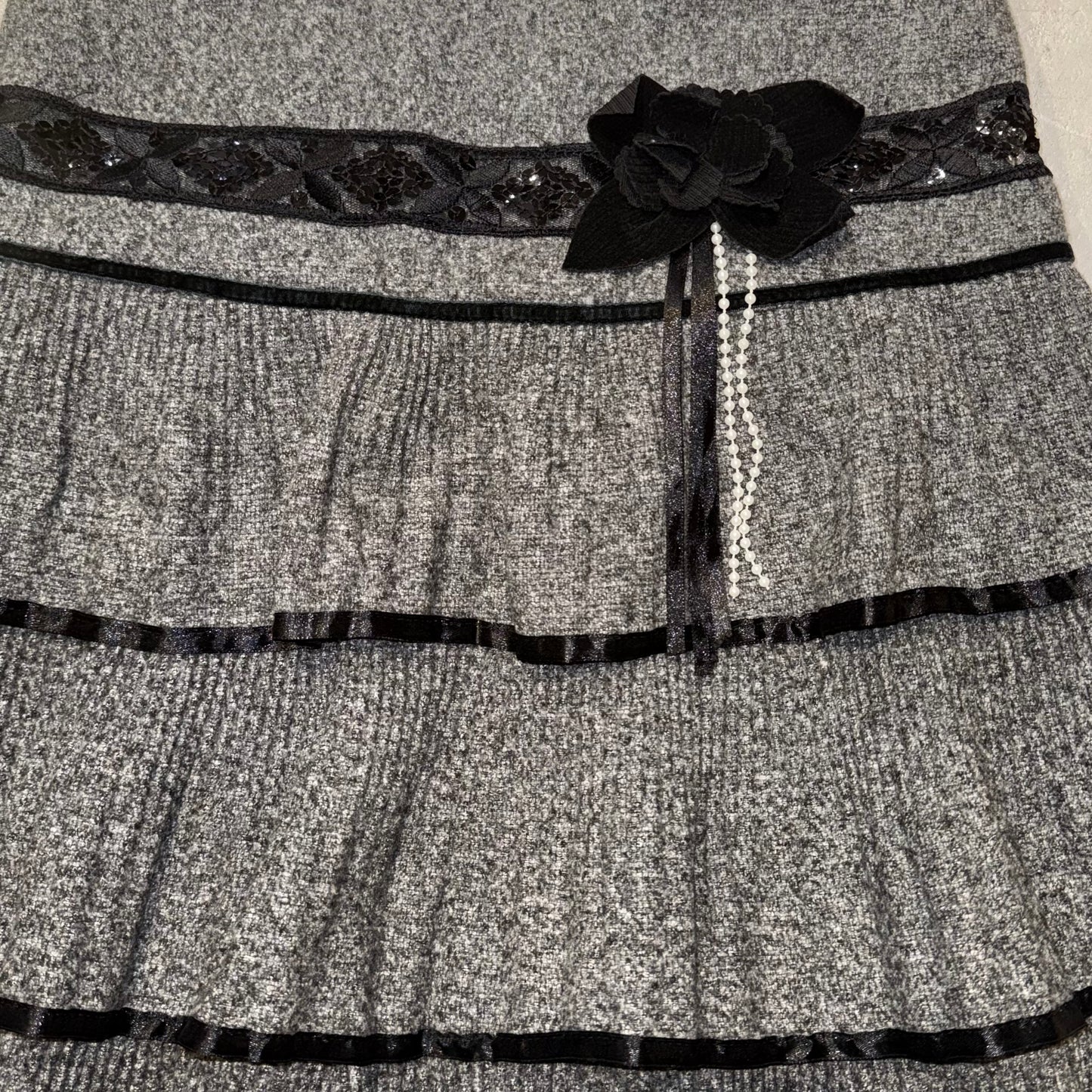 Grey black lace layered skirt with flower details
