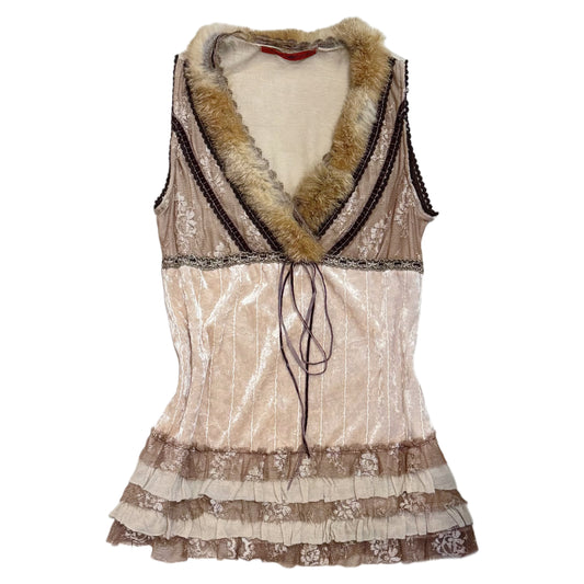 Beige furry velvet lace top