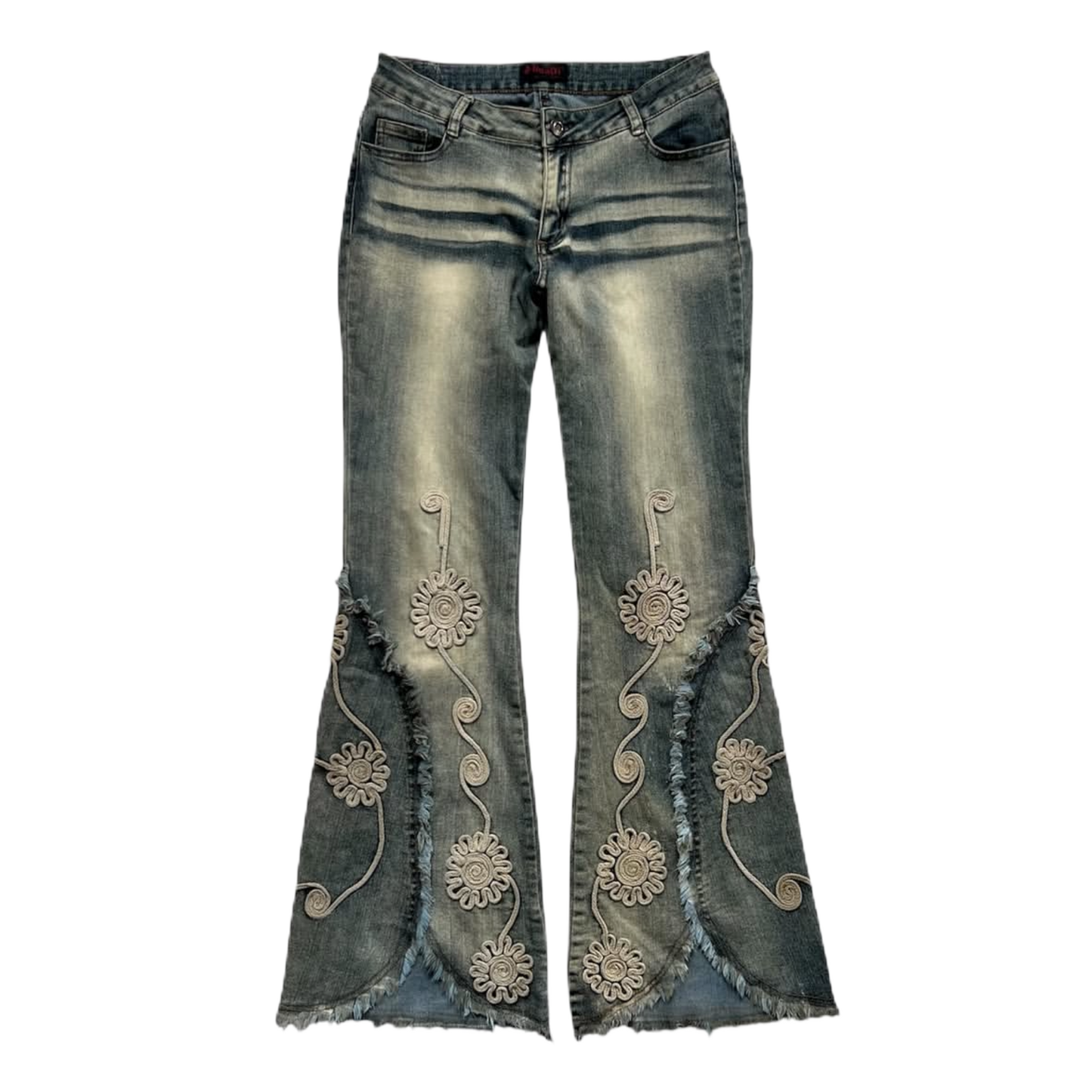 Washed denim embroidered flares