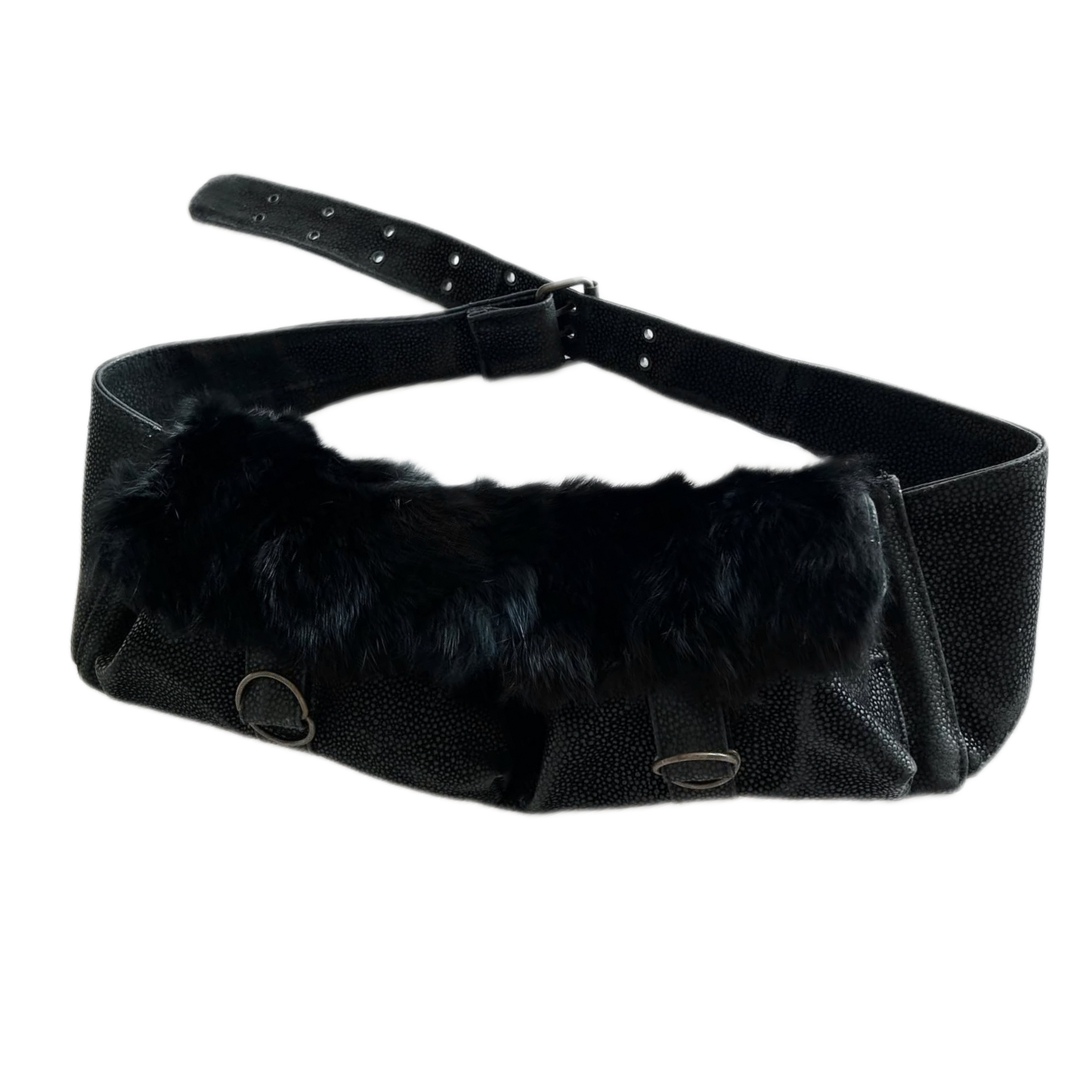 Black leather double pockets furry fanny pack