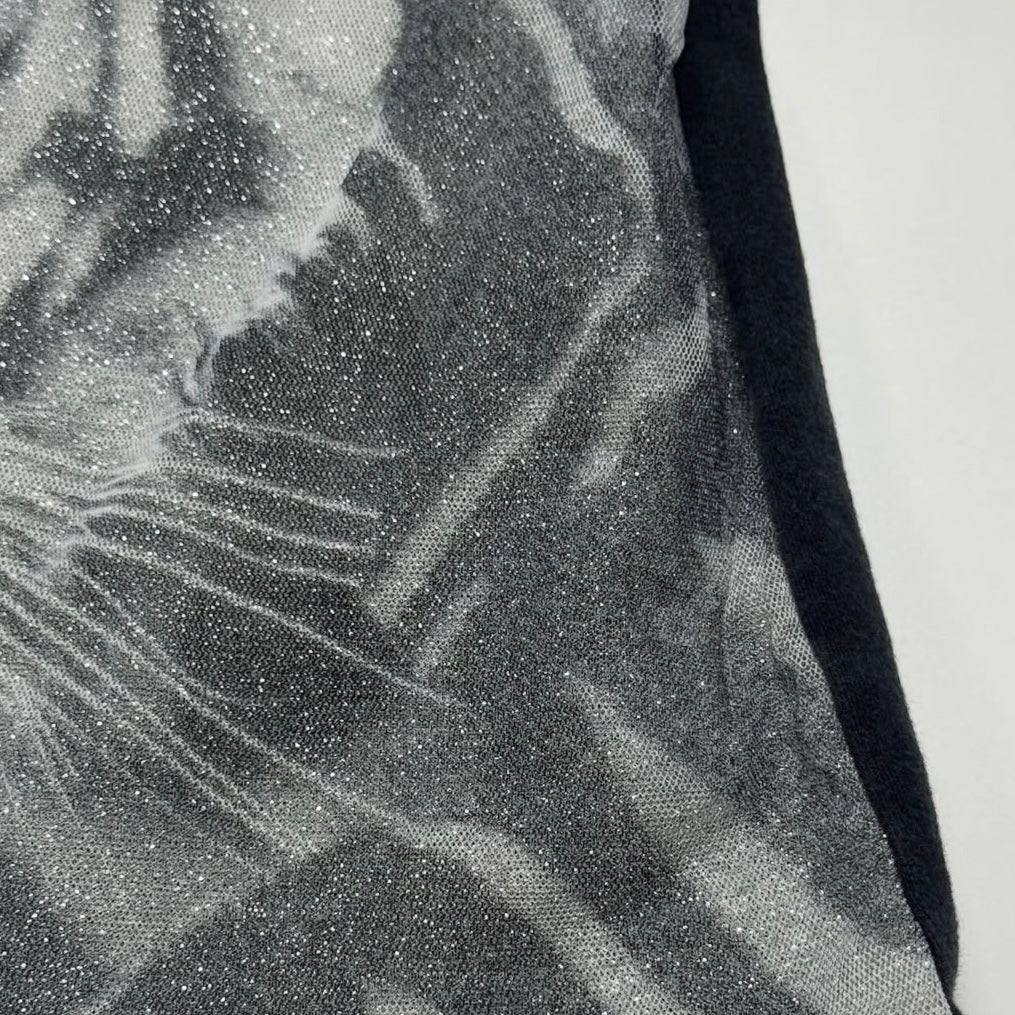 Grey tiger glittering mesh top