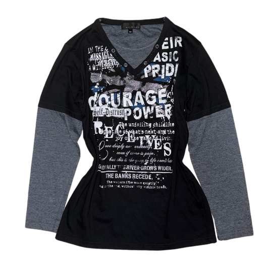 Black graphic tee with necklace chain layered grey long sleeve