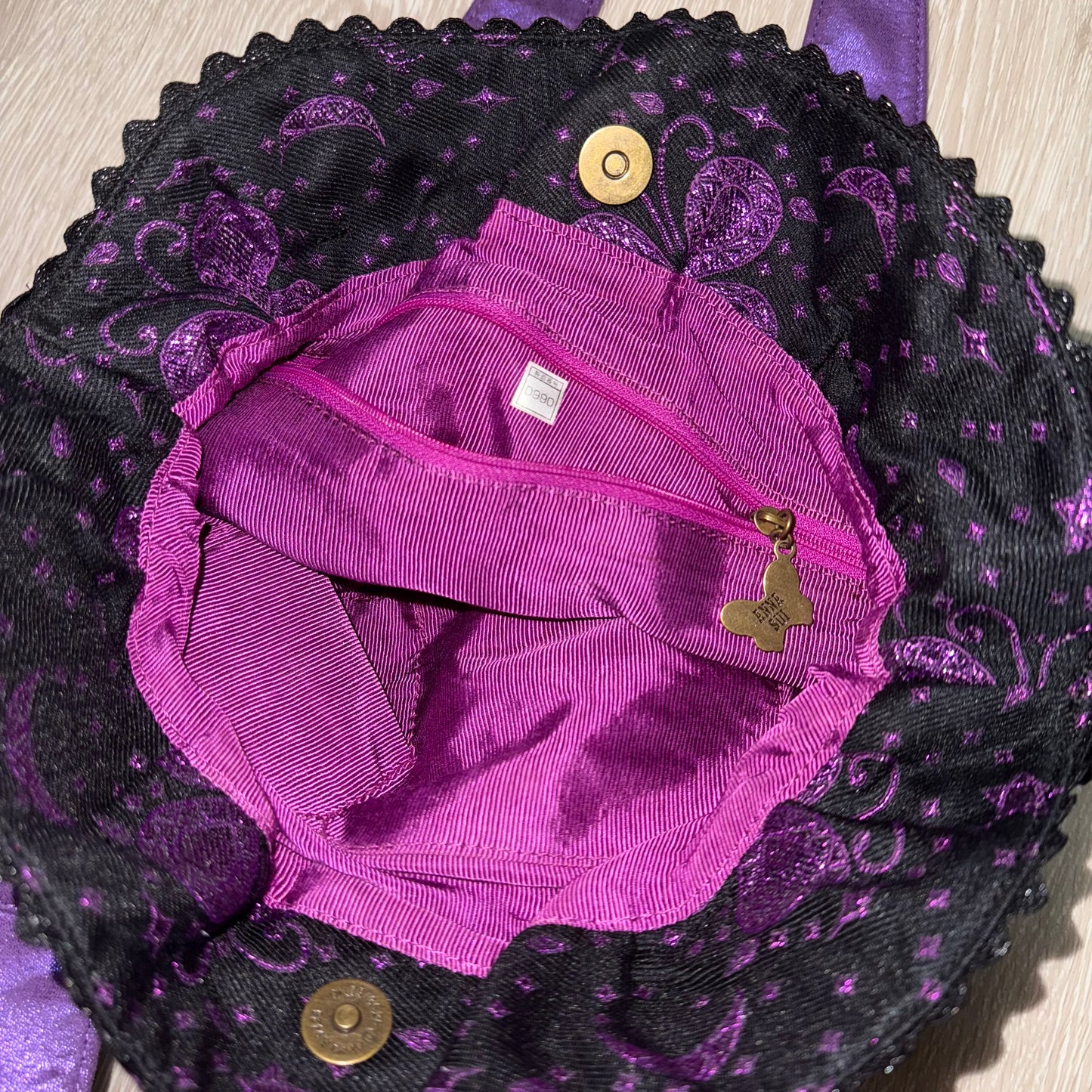 Anna Sui Purple butterfly shoulder bag with rose charm