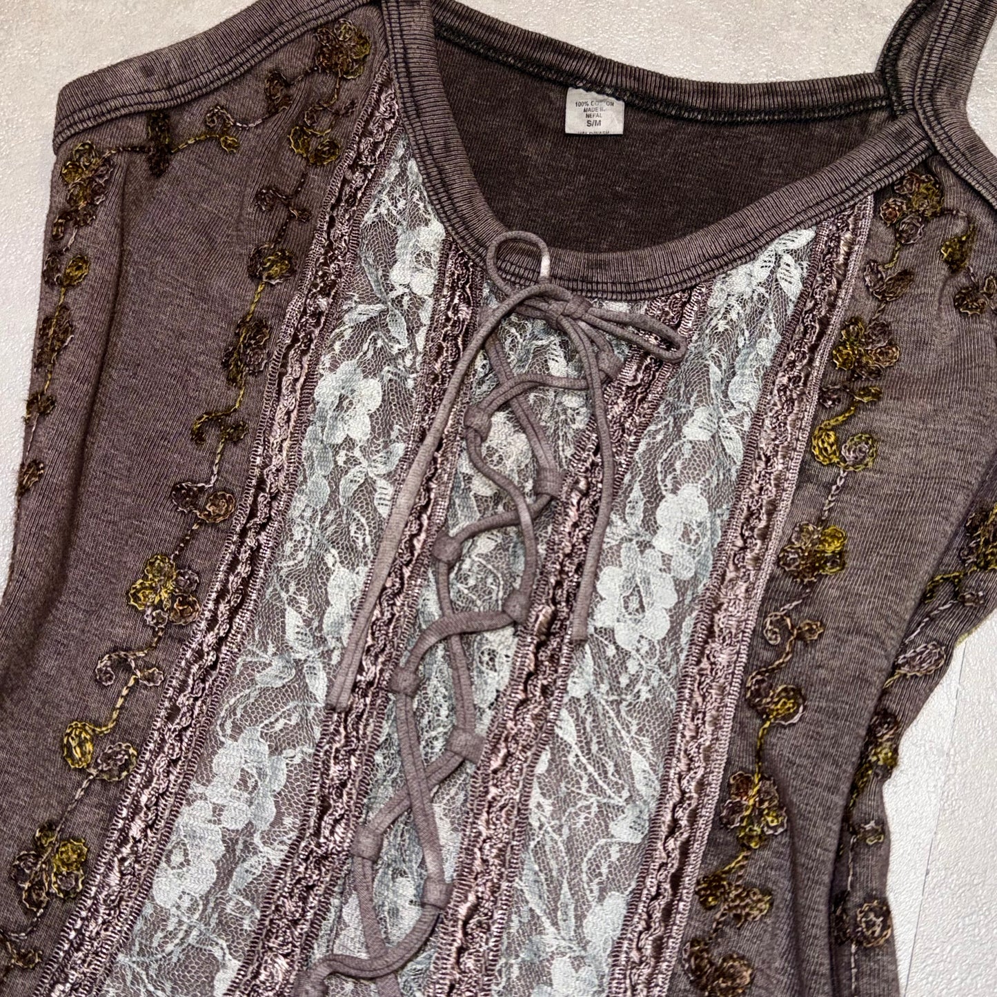 Brown tie dye lace tank